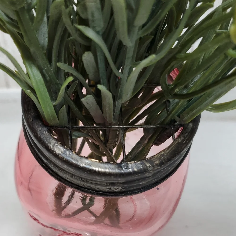 Pink Glass Mason Jar Vase with Faux Floral Arrangement Country Farmhouse